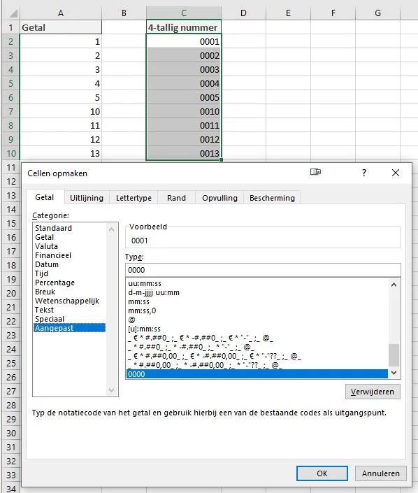 Voorloopnullen in Excel met behulp van celeigenschappen