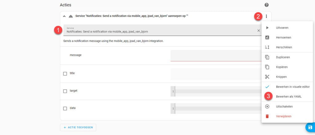 Actie in YAML-editor bewerken