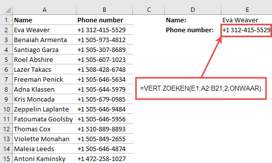 VERT.ZOEKEN() heeft zoekwaarde gevonden